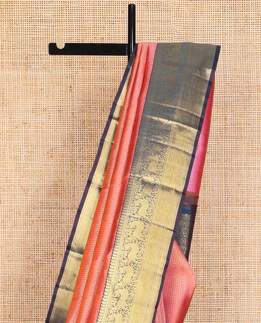Pink geometric design silk saree with contrast border of manga, muthu, banaras, kuyil kann design & floral pallu
