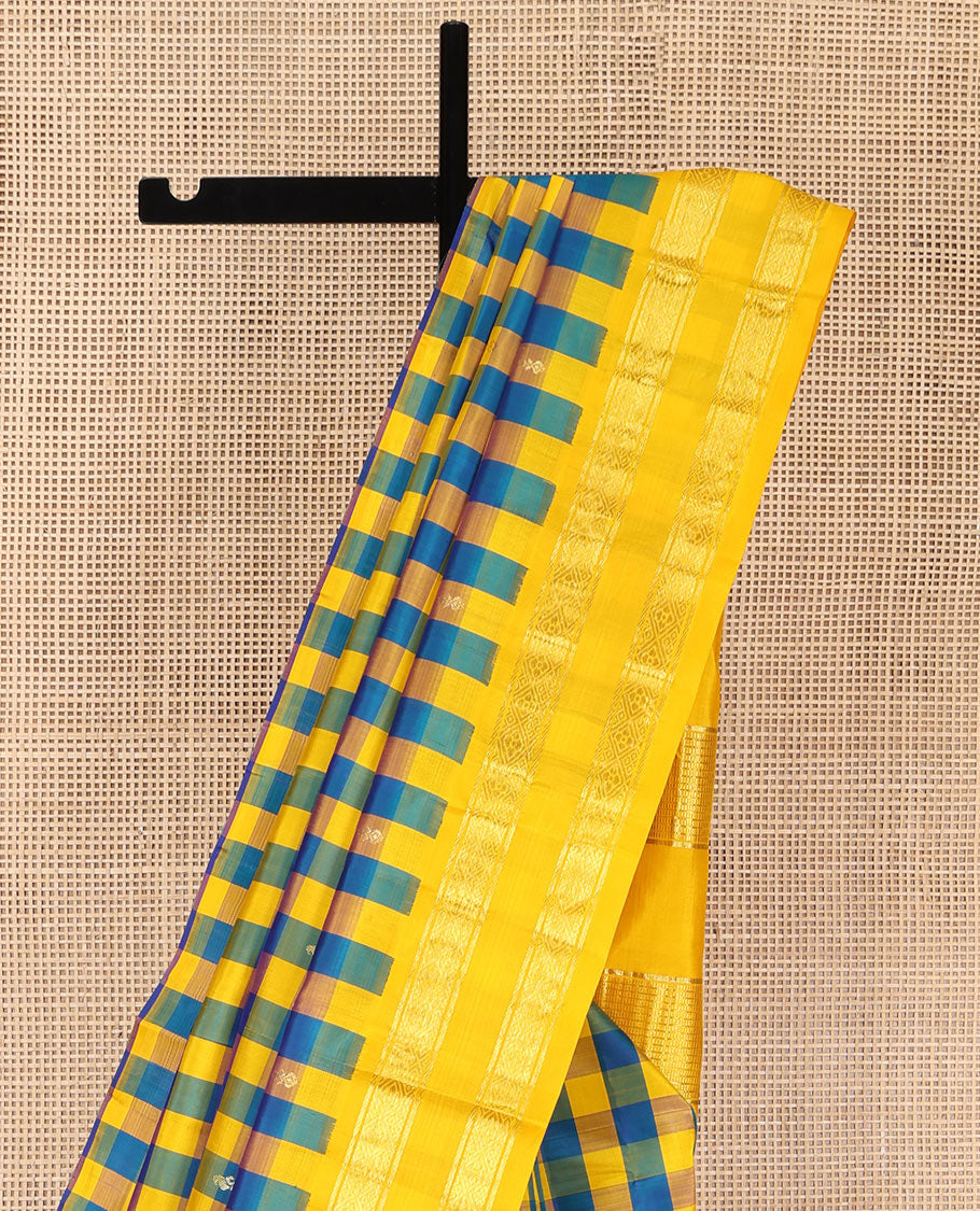Multi-Color Kanchipuram Silk Saree, Detailed with Palum Pazhamum Checks, Complemented by a Contrast One-Sided Korvai Border of Banaras, and Diamond Designs, Pallu of Zari Designs, and Comes Without a Blouse
