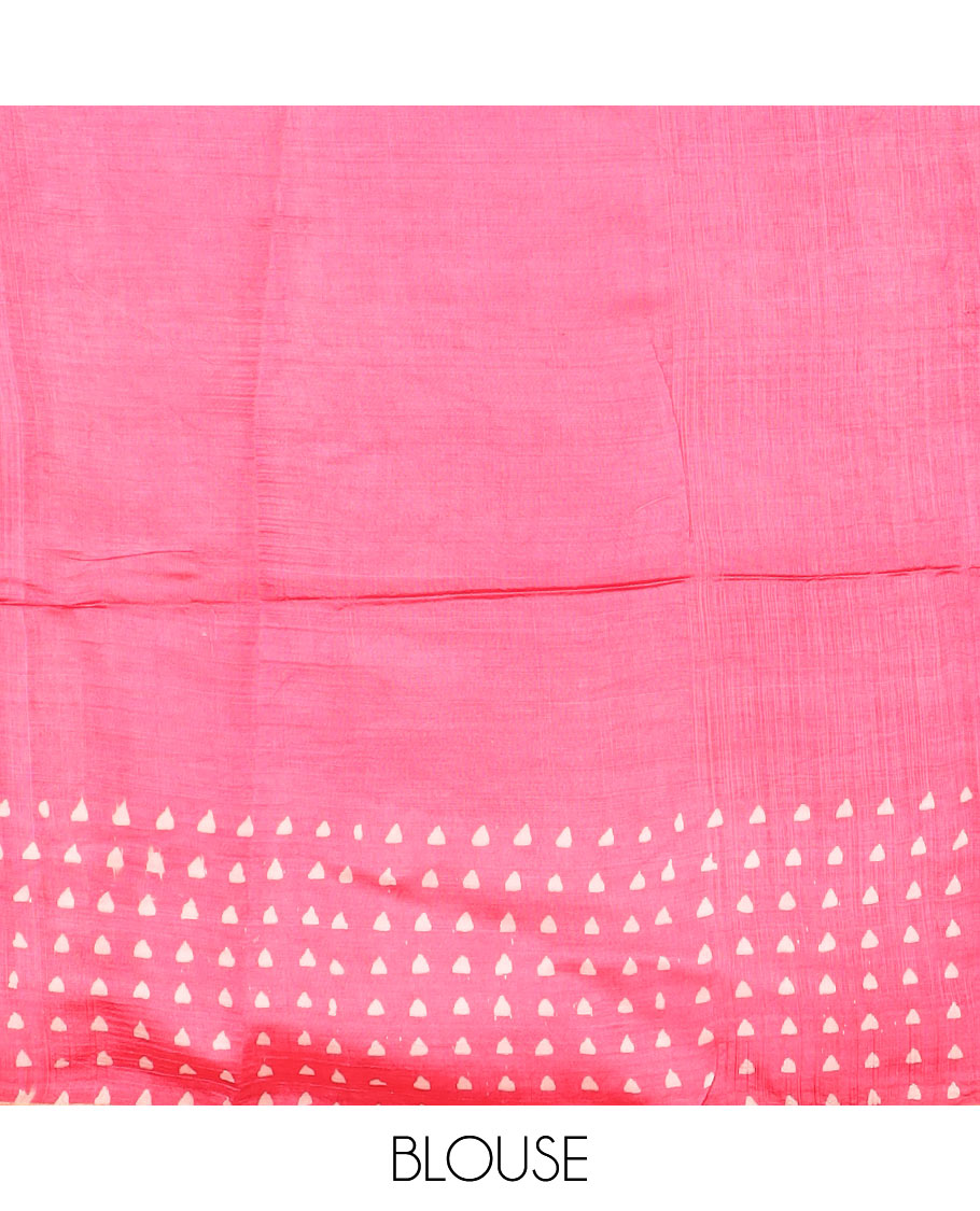 Pink feather motifs printed banana pith saree, zari with print work border, and printed pallu