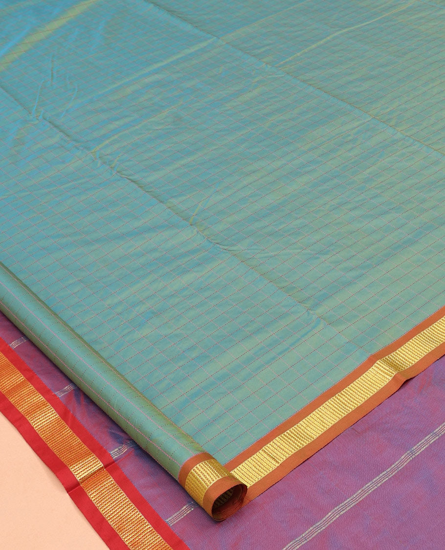 Blue Checked Ten-Yard Saree, Complemented by a Contrast Zari Traditional Border, Contrast Pallu of Stripes, and No Blouse