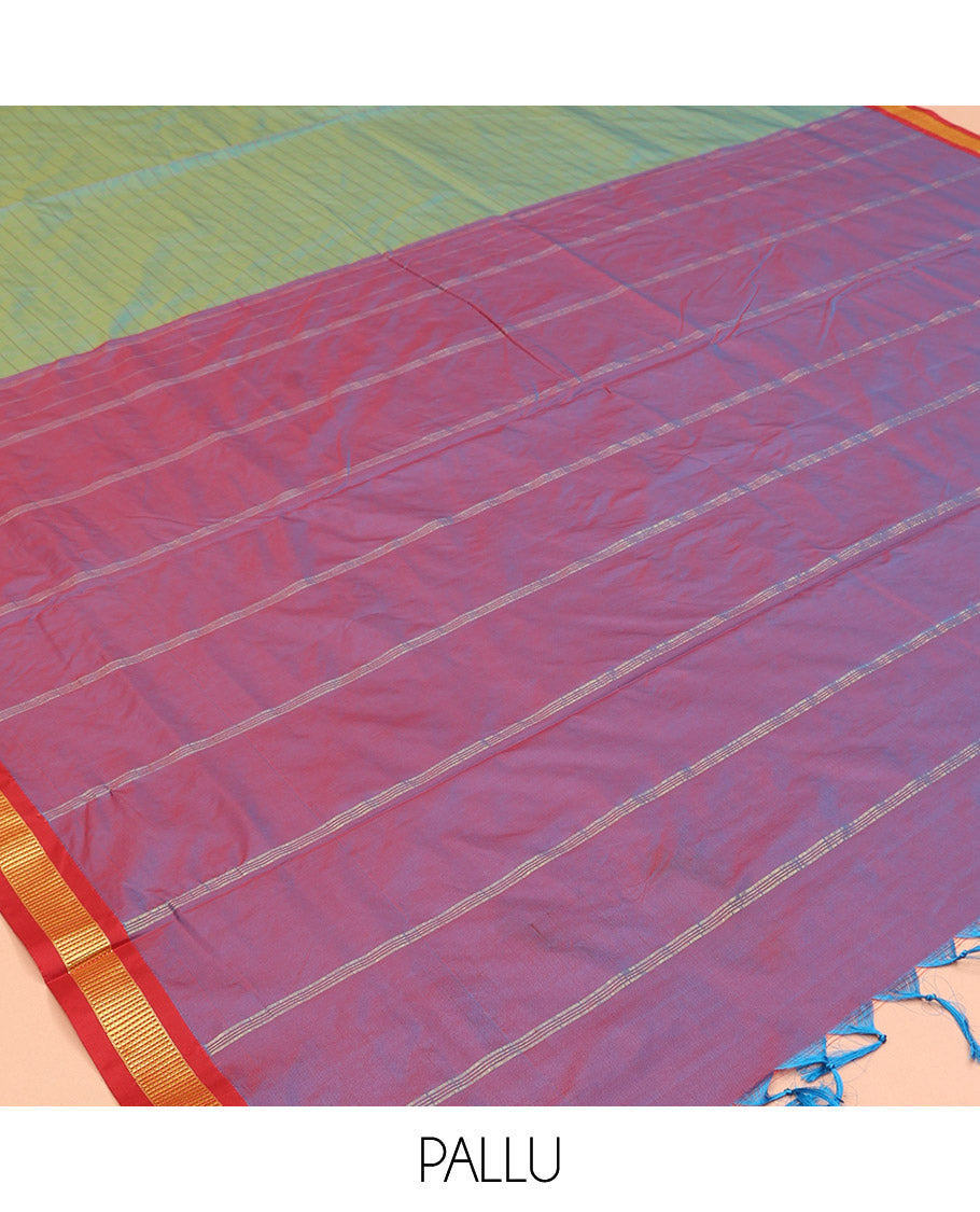 Blue Checked Ten-Yard Saree, Complemented by a Contrast Zari Traditional Border, Contrast Pallu of Stripes, and No Blouse