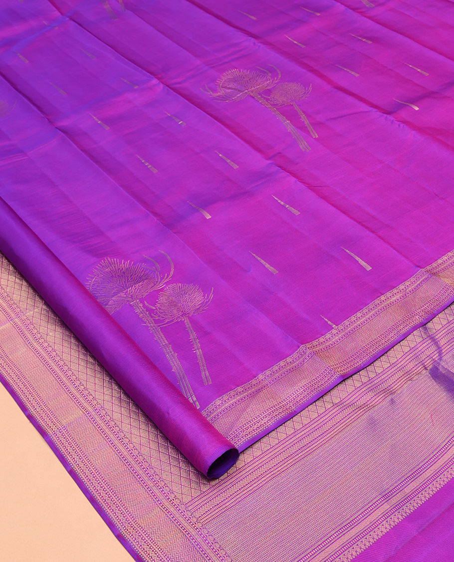 Violet Vasundhara Silk Saree Accentuated with Thazampoo Rekku, and Vel Buttas, Complemented by Zari Border of Manga, Muthu, Kathir, Neli, and Vanki Designs, Pallu Adorned with Jaal Designs, and Paired with a Matching Blouse