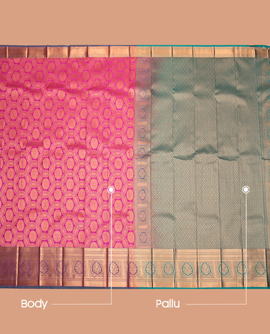 Pink Budget Silk Saree, Woven with Jacquard Design, Complemented by a Contrast Traditional Zari Border, Grand Pallu, and a Contrast Blouse