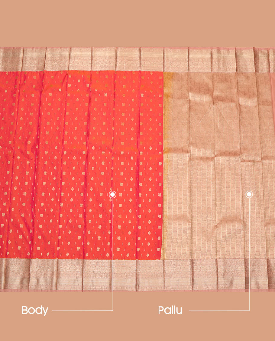 Orange Budget Silk Saree, Dazzled with Zari Buttas All Across Its Body, Complemented by a Contrast Traditional Zari Design Border, Pallu of Checked Designs, and Paired with a Contrast Blouse