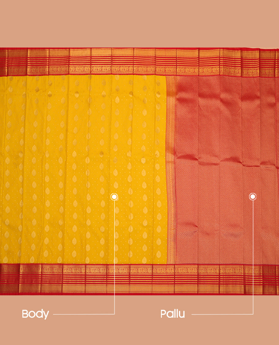 Yellow Budget Silk Saree, Woven with Zari Buttas, Complemented by a Contrast Traditional Zari Border, Grand Jaal Pallu, and Contrast Blouse