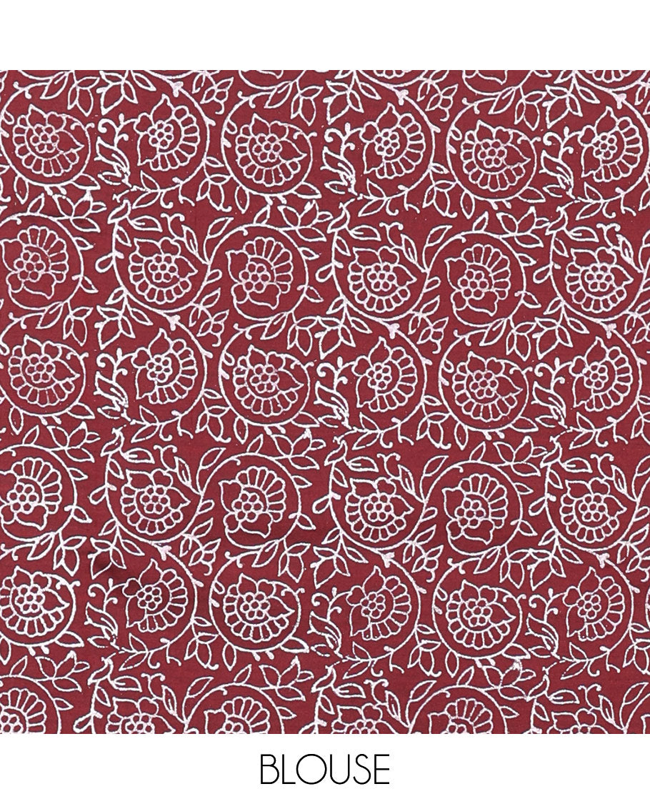 Cream plain South cotton saree, umbrella, and elephant motifs block printed border, block printed pallu, a matching blouse and a contrast floral vine block printed blouse