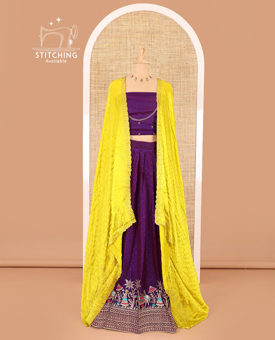 Violet half-saree, Swarovski stone work with girl-on-the-horse motifs embroidered bordered satin georgette skirt, a matching satin georgette blouse, and a contrast Swarovski stone work scallop dhavani