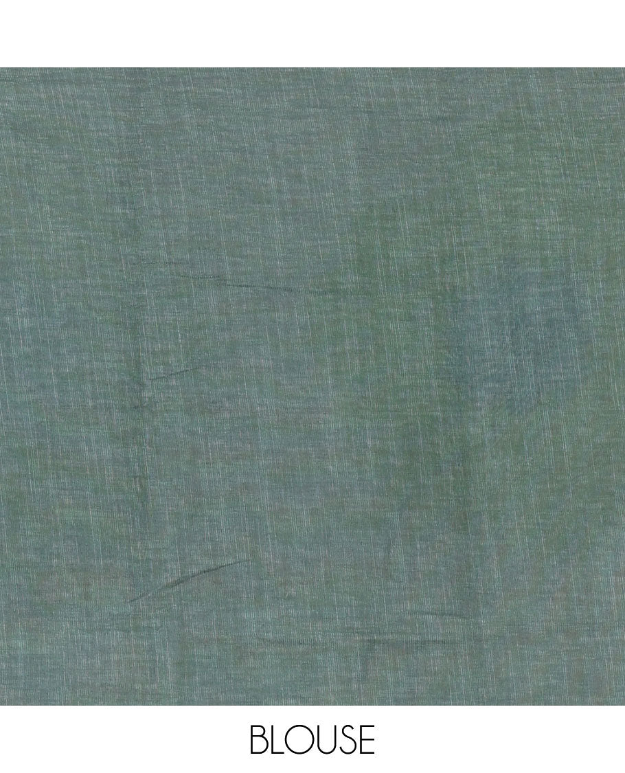 Borderless white and green floral printed linen cotton saree, contrast plain blouse