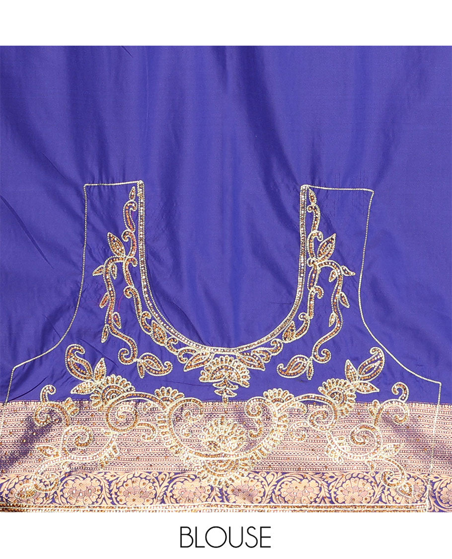 Blue Vastrakala Silk Saree, Artfully Detailed with Jaal Jacquard and Embroidery, Complemented by Traditional Zari and Cut-Embroidered Scallop Border, Grandly Zari and Stone Work Pallu, and Paired with Matching Embroidered Blouse