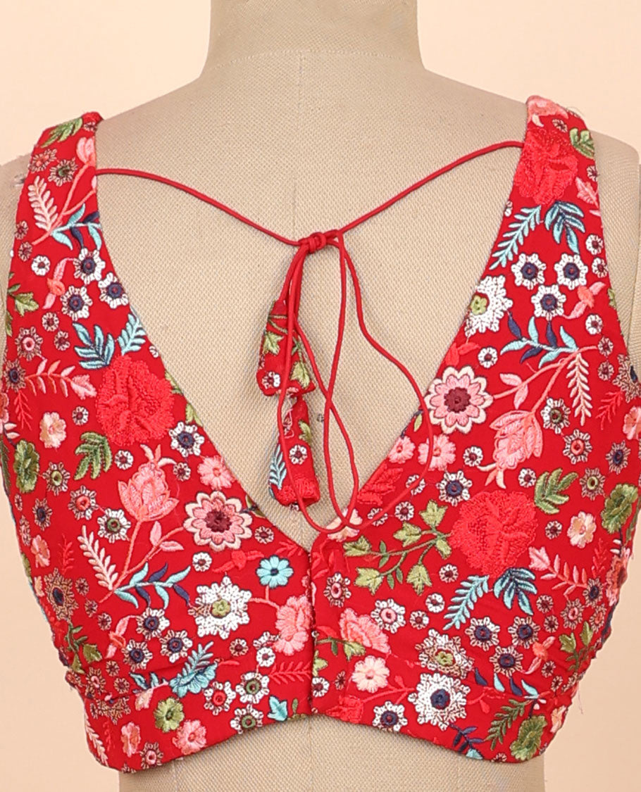 Red floral embroidered front & back deep v-neck raw-silk readymade sleeveless blouse