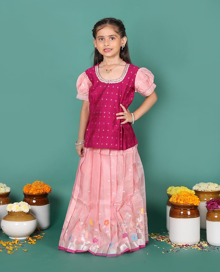 Pink art silk readymade pavadai set, buttas with thread floral embroidery skirt with contrast neck embroidered puff-sleeve blouse
