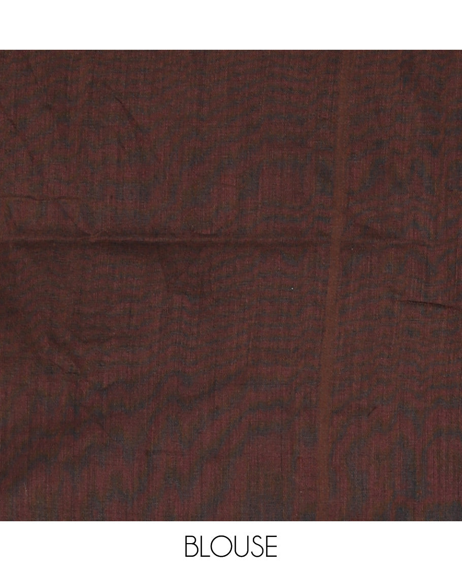 Borderless brown vertically striped khadi cotton saree, contrast grey plain pallu & matching plain blouse