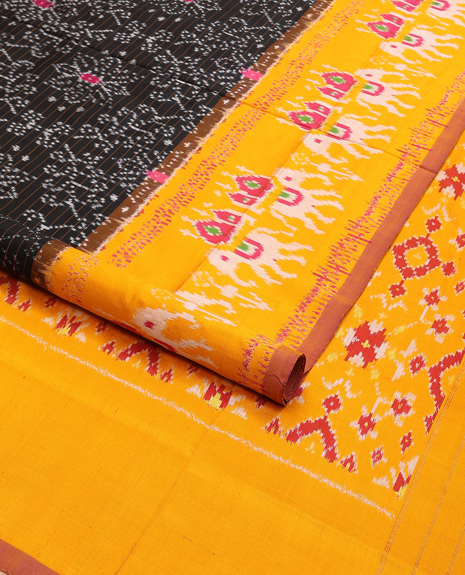 Black floral design ikkat saree with contrast animal design border & floral design pallu