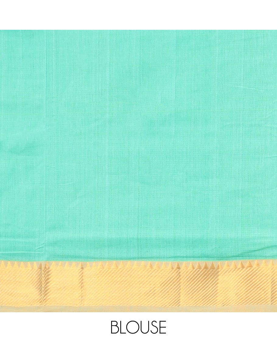 Green mangalagiri cotton saree with contrast striped, temple border & striped pallu