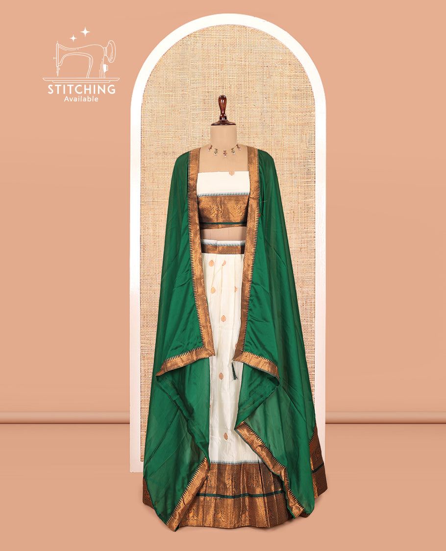 Cream-Green Banaras Silk Half-Saree Features Zari Buttas Skirt, a Contrast Traditional Border, a Matching Blouse, a Contrast Dhavani