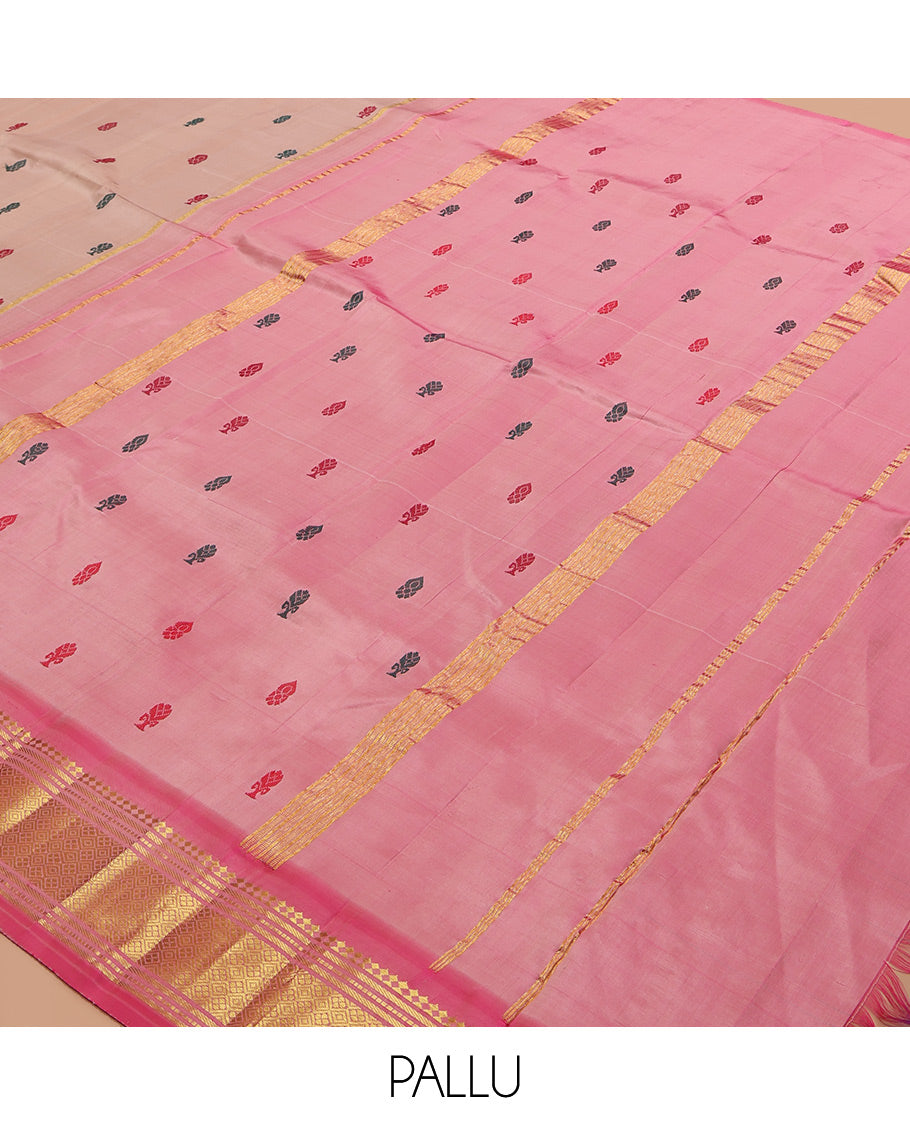 Pink Kanchipuram Silk Saree, Woven with Thread Buttas, a Contrast One-Sided Border of Panner Sombu, Banaras, Muthu, and Jaal Designs, Zari Design Pallu, and No Blouse
