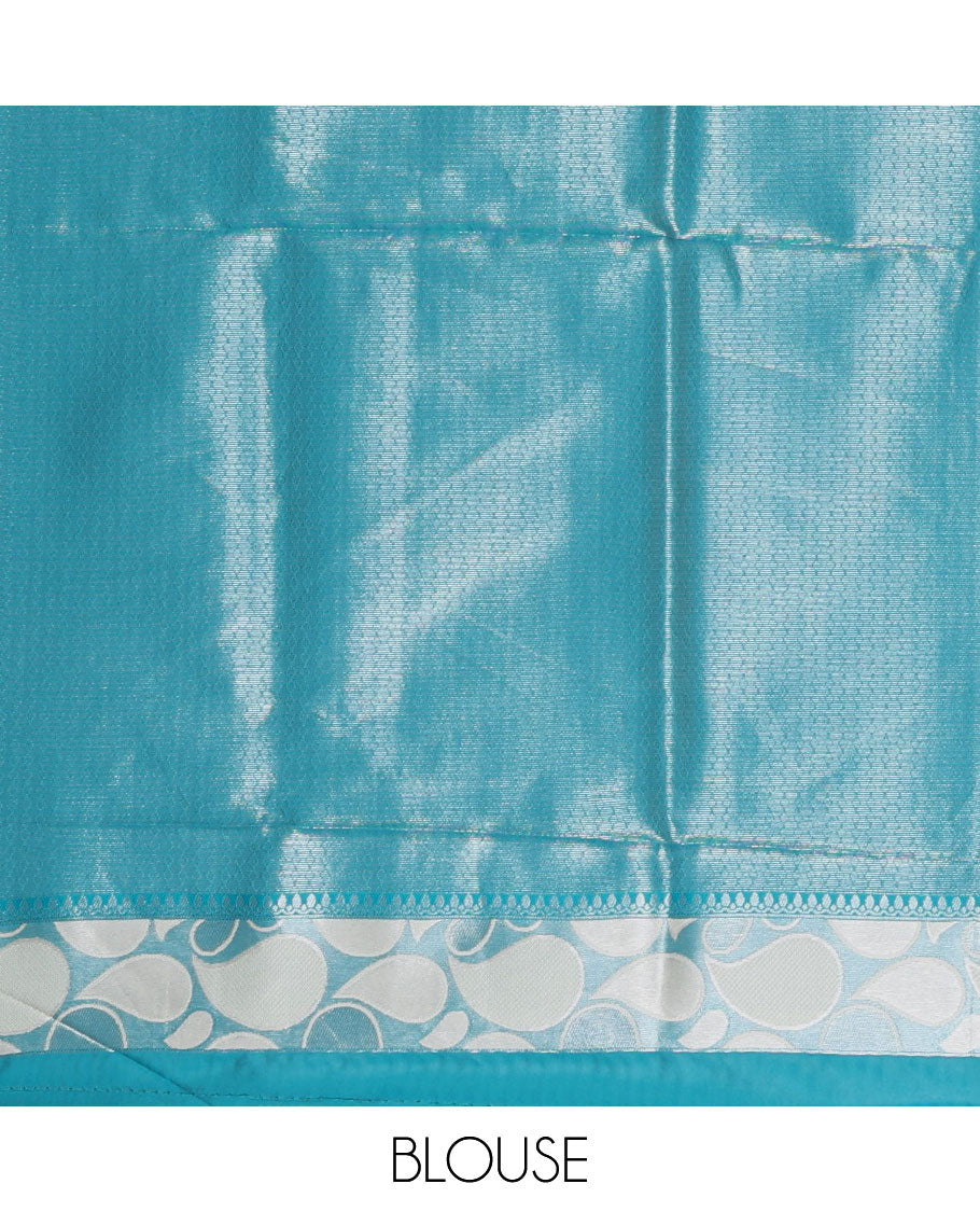 Half-white jacquard kanchi silk saree, contrast border, and pallu steeped with paisley motifs with contrast zari design blouse