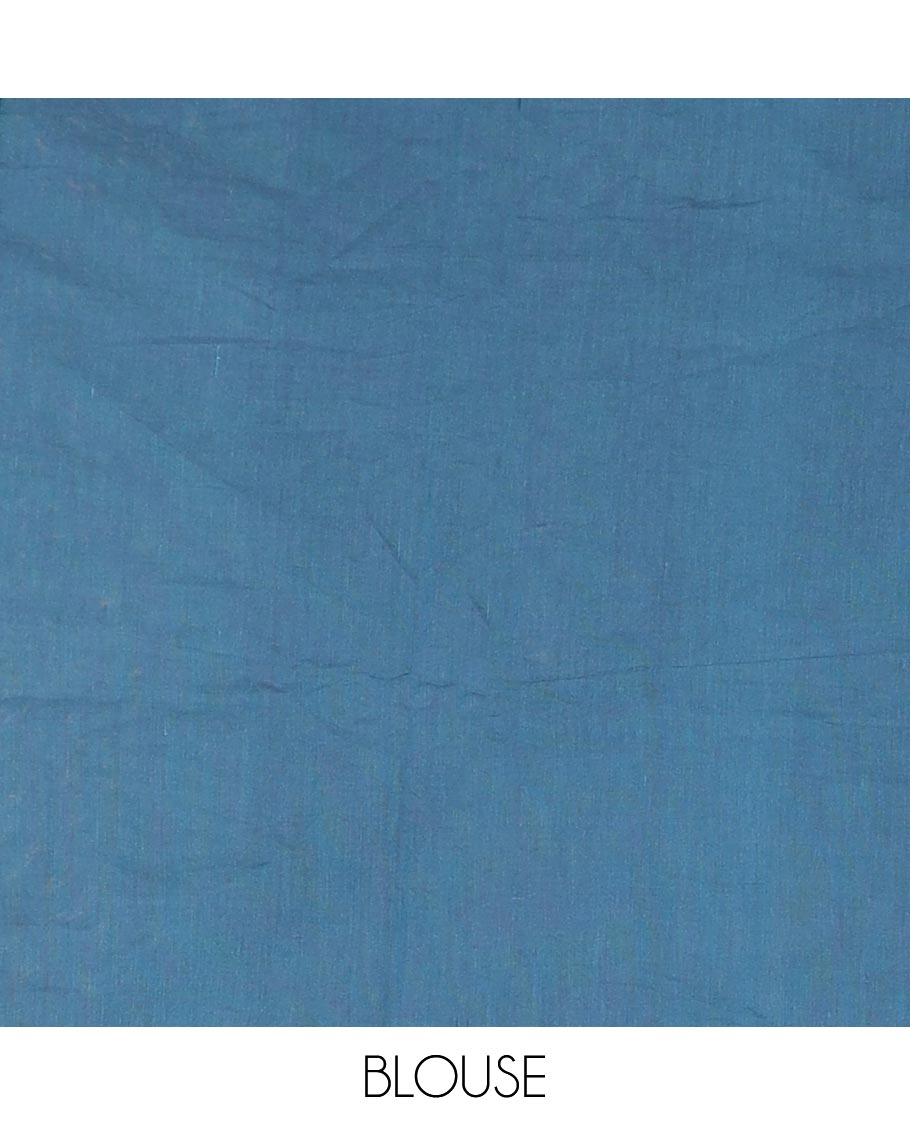 Blue Coimbatore Cotton Saree Features Floral Buttas All Over Its Body, a Subtle Self-Border of Peacock Designs, Pallu Depicts Geometric Patterns, and Is Paired with a Matching Blouse