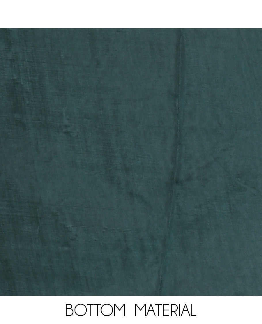 Bottle green material chudidar set, plain Vichitra silk top, santoon bottom, and dupatta of Ajrakh print and mirror work