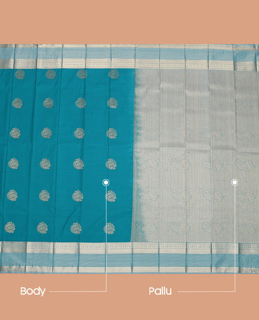 Blue Budget Silk Saree, Detailed with Zari Buttas All Over Its Body, Complemented by Contrast Traditional Zari Design Border, Pallu Adorned with Paisley Designs, and Paired with a Contrast Blouse