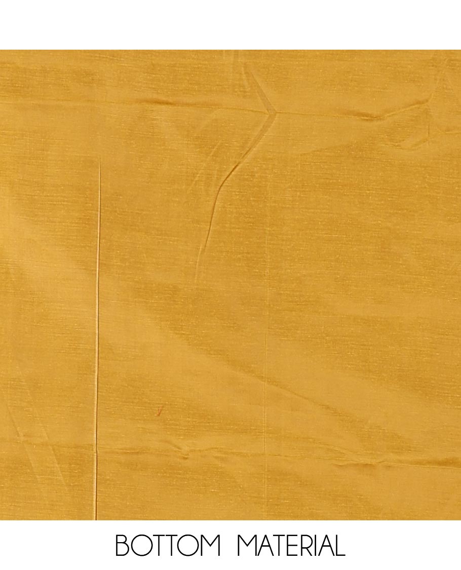 Mustard material chudidar set, plain with pom-pom tasseled mul chanderi top, a matching bottom, and organza dupatta of stripes