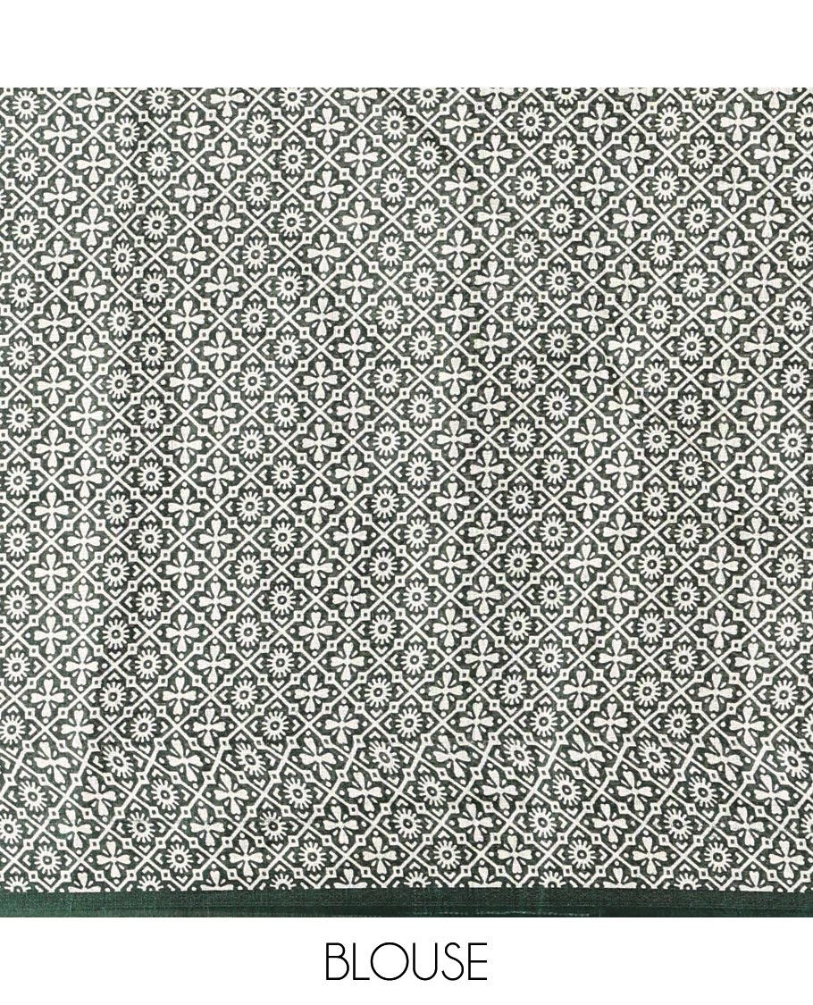 Cream-green vertically striped khadi cotton saree, contrast Pichwai cow printed temple border, Pichwai cow print pallu, and jaal printed blouse