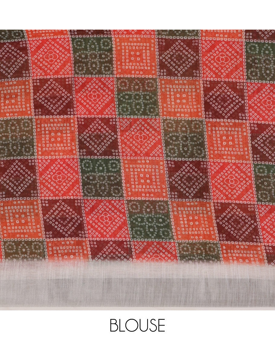 White-base linen saree with zari work & colorful bandhani motifs print, silver zari border & bandhani printed blouse
