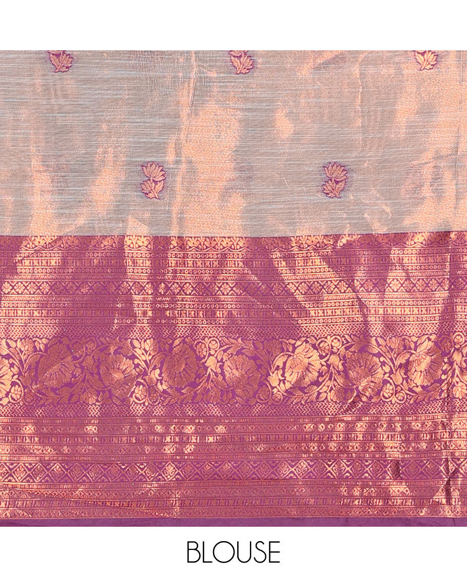 Grey buttas art silk half saree, contrast traditional design border, zari design blouse & intricate dhavani