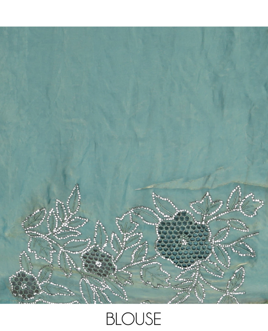 Peacock Blue Designer Saree, Spotlighted with Stonework, Scallop-Cut Stonework Border, Self Pallu, and Matching Blouse
