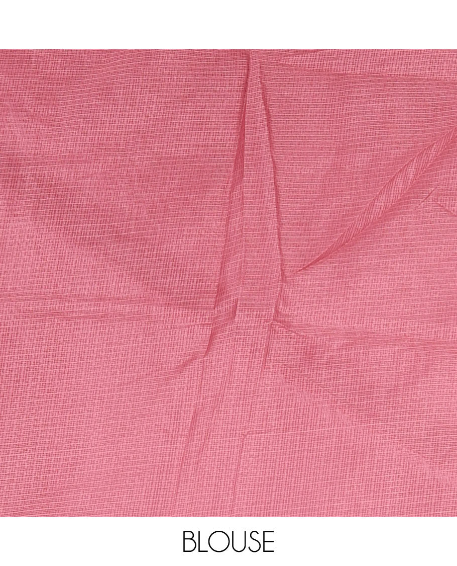 White floral vine chickankari embroidered kota chex saree, lace border, floral vine chickankari embroidered pallu, and contrast plain blouse