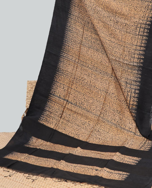 Light brown abstract design matka silk saree with contrast plain border & black abstract design pallu