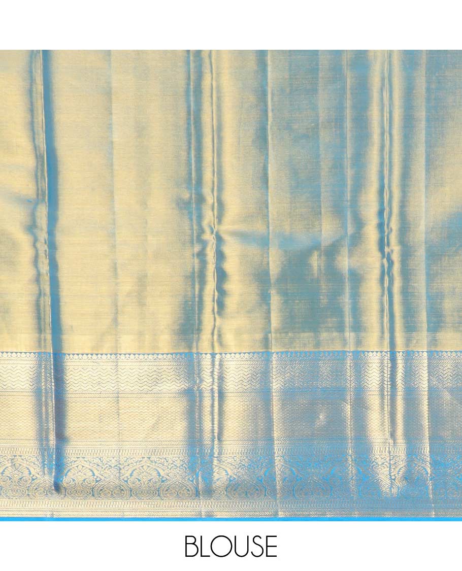 Blue floral jacquard kancheepuram tissue silk saree with contrast korvai border of thilakam mokku, kathir, mayil kann design & zari design pallu