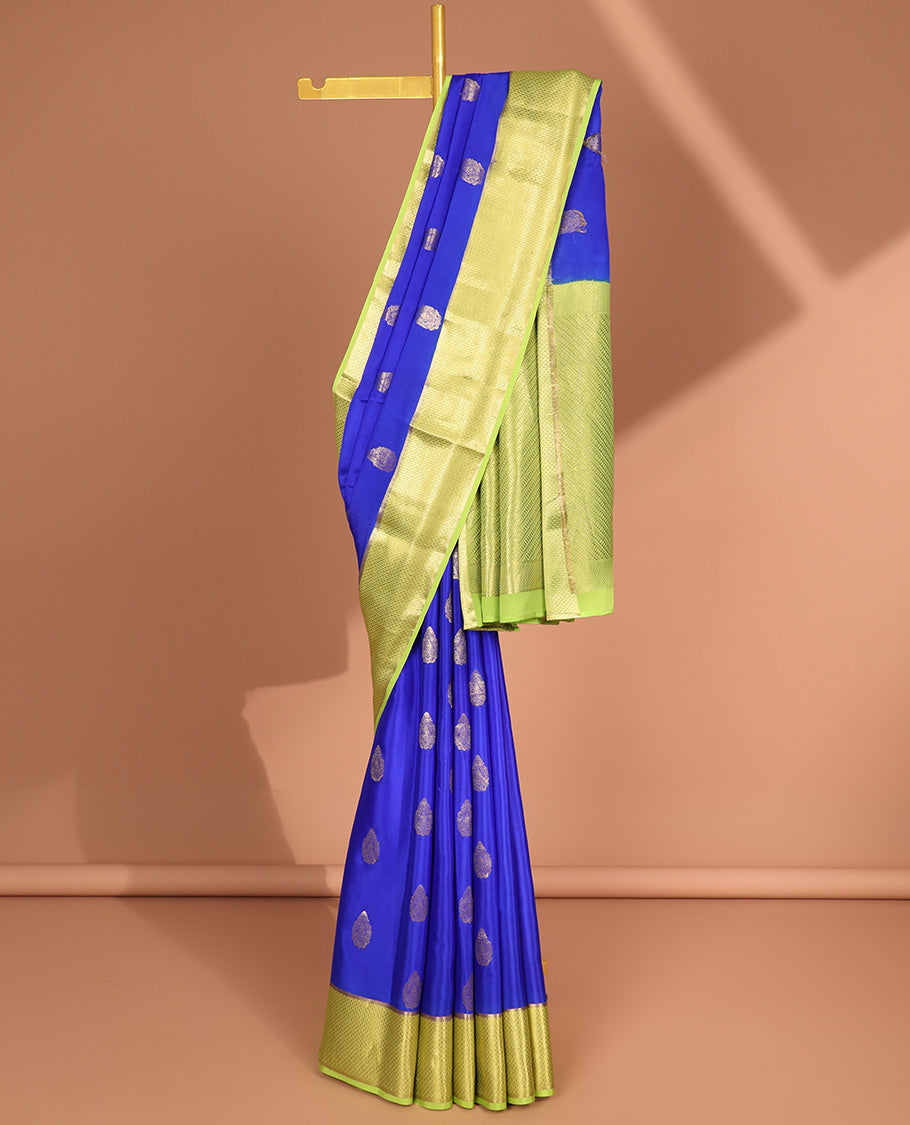 Blue buttas mysore silk saree with contrast ogee zari design border & intricate striped design pallu