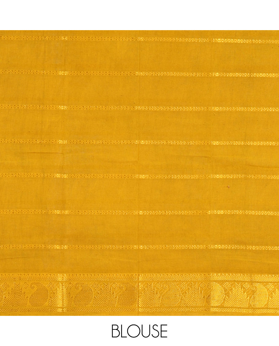 Bottle green zari checked Sungudi cotton saree, contrast zari border decked up with peacock motifs, zari striped pallu & contrast veldhari stripes blouse
