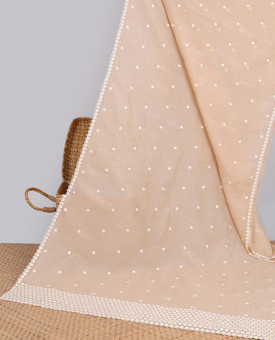 Pink Crushed Tissue saree with scallop motif border and intricate motif embroidery pallu