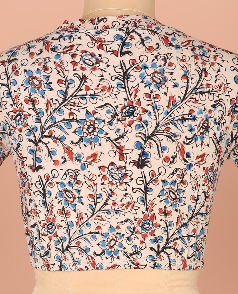 Multi-Color Readymade Blouse Gracefully Decked Up with Floral Vine Prints, Featuring a Front V-Neck, a Back Closed Neck, and Full Sleeves