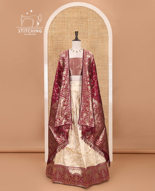 Cream-maroon semi-banaras half-saree, floral jaal jacquard & contrast traditional zari border skirt, floral jacquard blouse & contrast zari design blouse