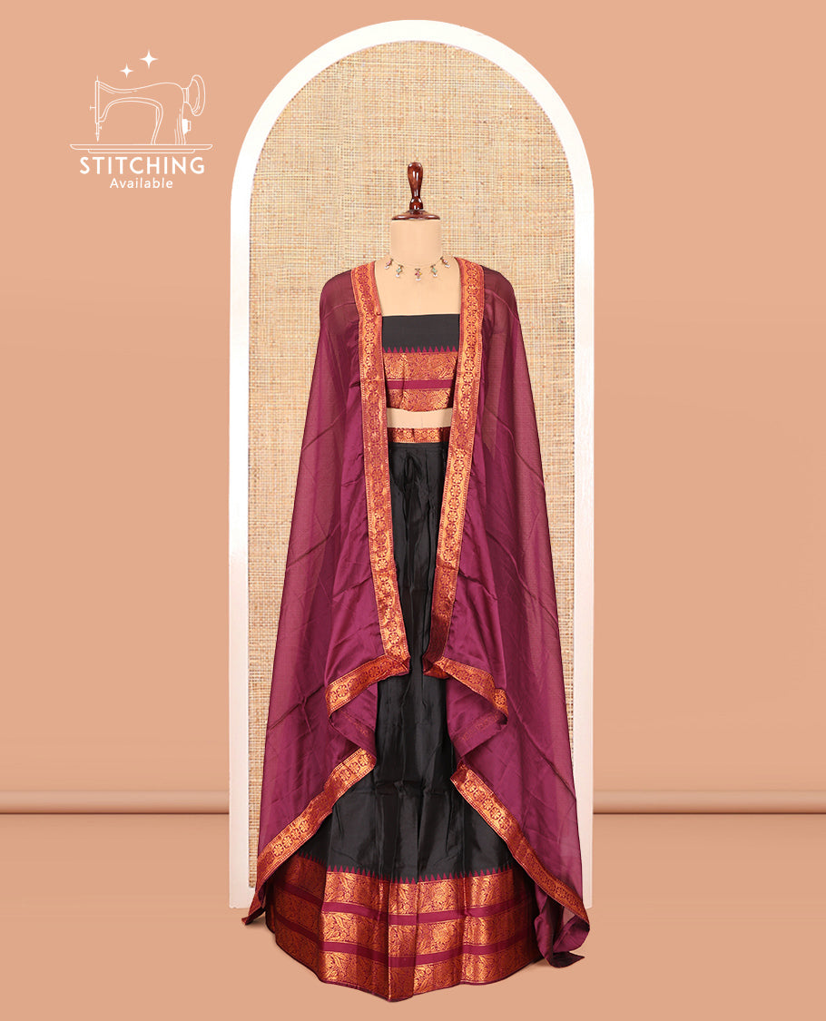 Black Semi-Banarasi Half-Saree Features Plain Skirt, Contrast Floral Creeper Zari Border, Matching Blouse, Contrast Dhavani