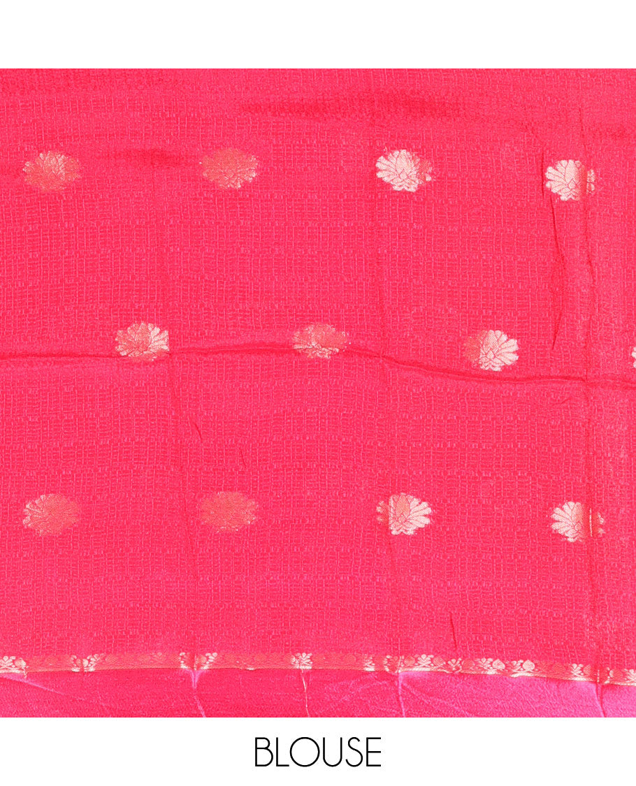 Rani pink floral zari buttas viscose khadi silk saree, traditional zari satin border, floral zari buttas woven pallu, and a matching zari design blouse