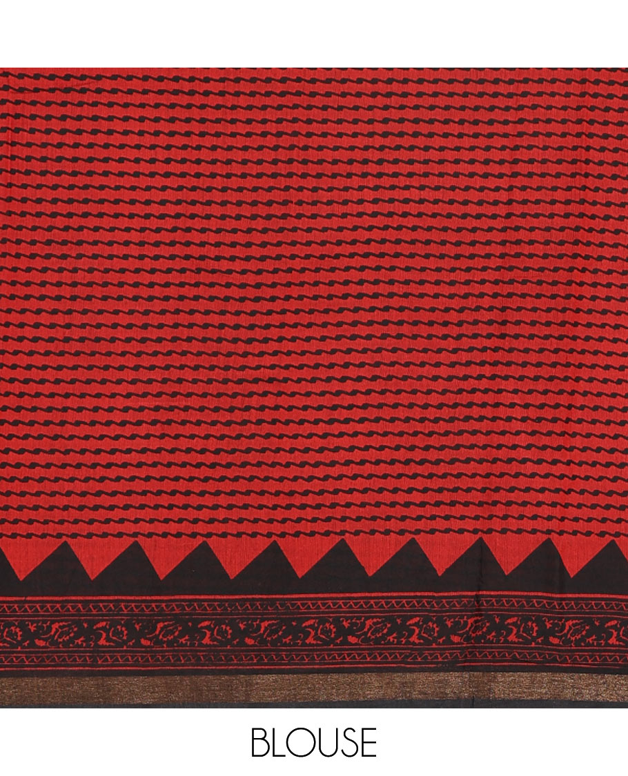 Red floral vine hand block printed Chanderi cotton saree with temple border of print, and piping zari work, printed pallu, and a zig-zag striped blouse