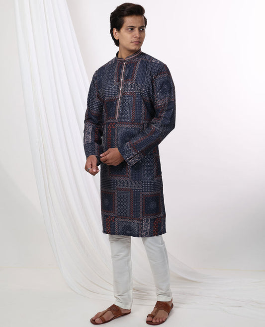 Blue floral design with mirror work mandarin collar & full-sleeve long raw silk kurta