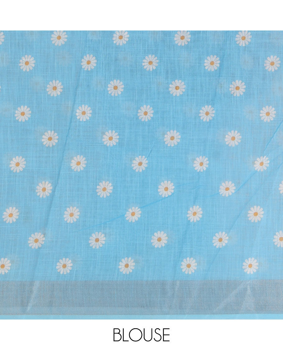 Sky blue sunflower motif printed linen saree, silver zari plain border & small sunflower motif print blouse
