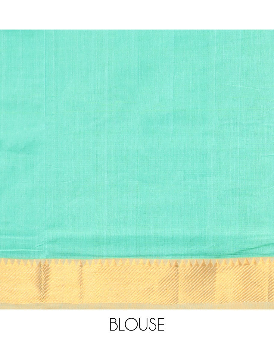 Green mangalagiri cotton saree with contrast striped, temple border & striped pallu
