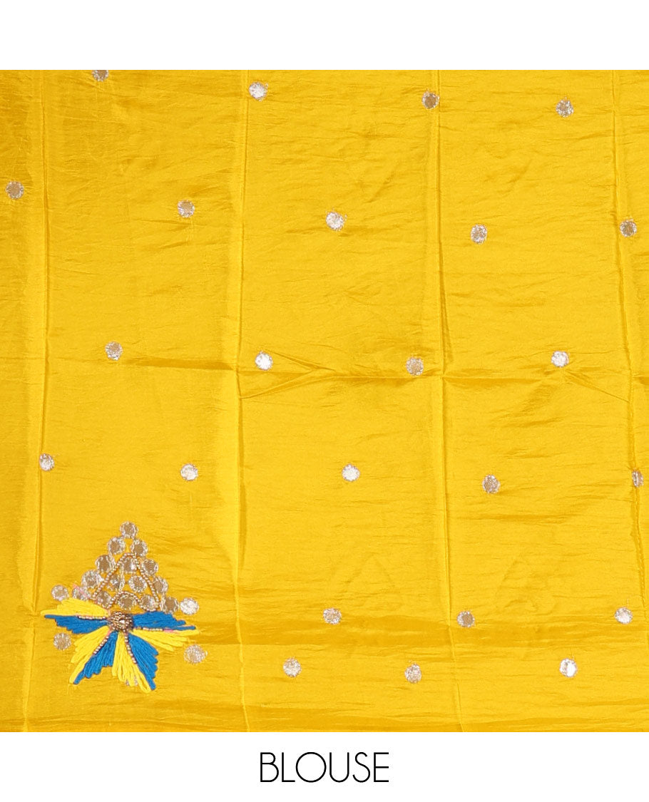 Blue floral placement-style printed Marble chiffon saree, zari border & contrast yellow gotta patti work & mixed embroidered blouse