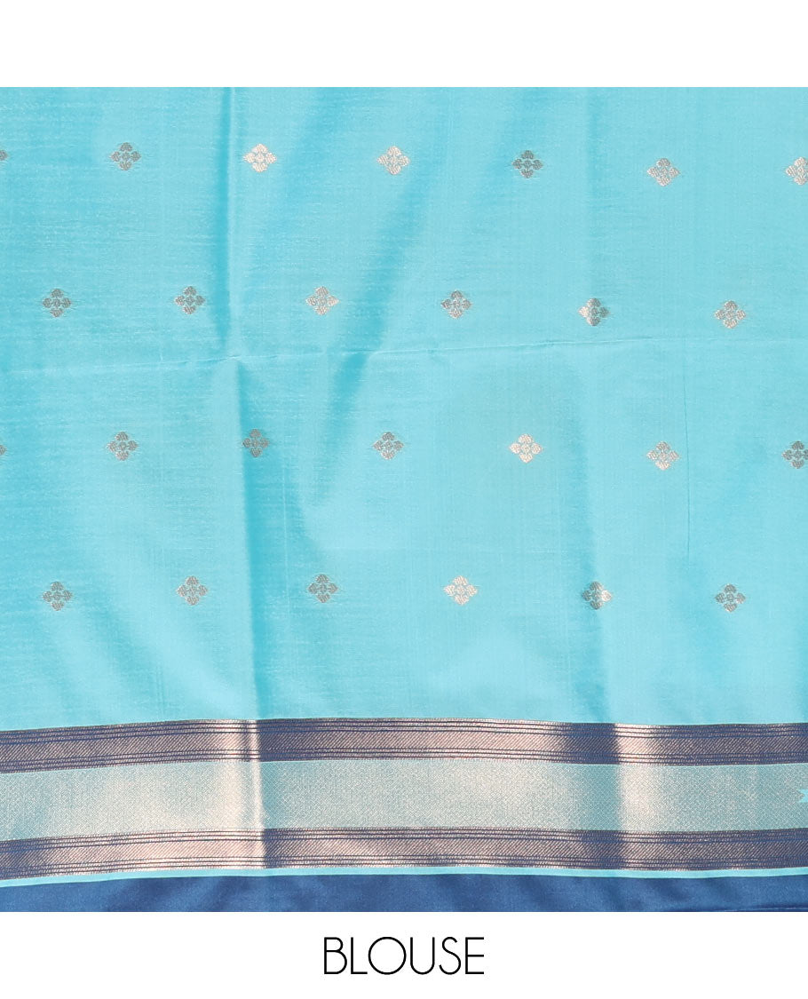 Blue round peacock chakram buttas enclosed checked Mulberry silk saree, contrast round peacock chakra border, zari worven pallu, and contrast zari blouse