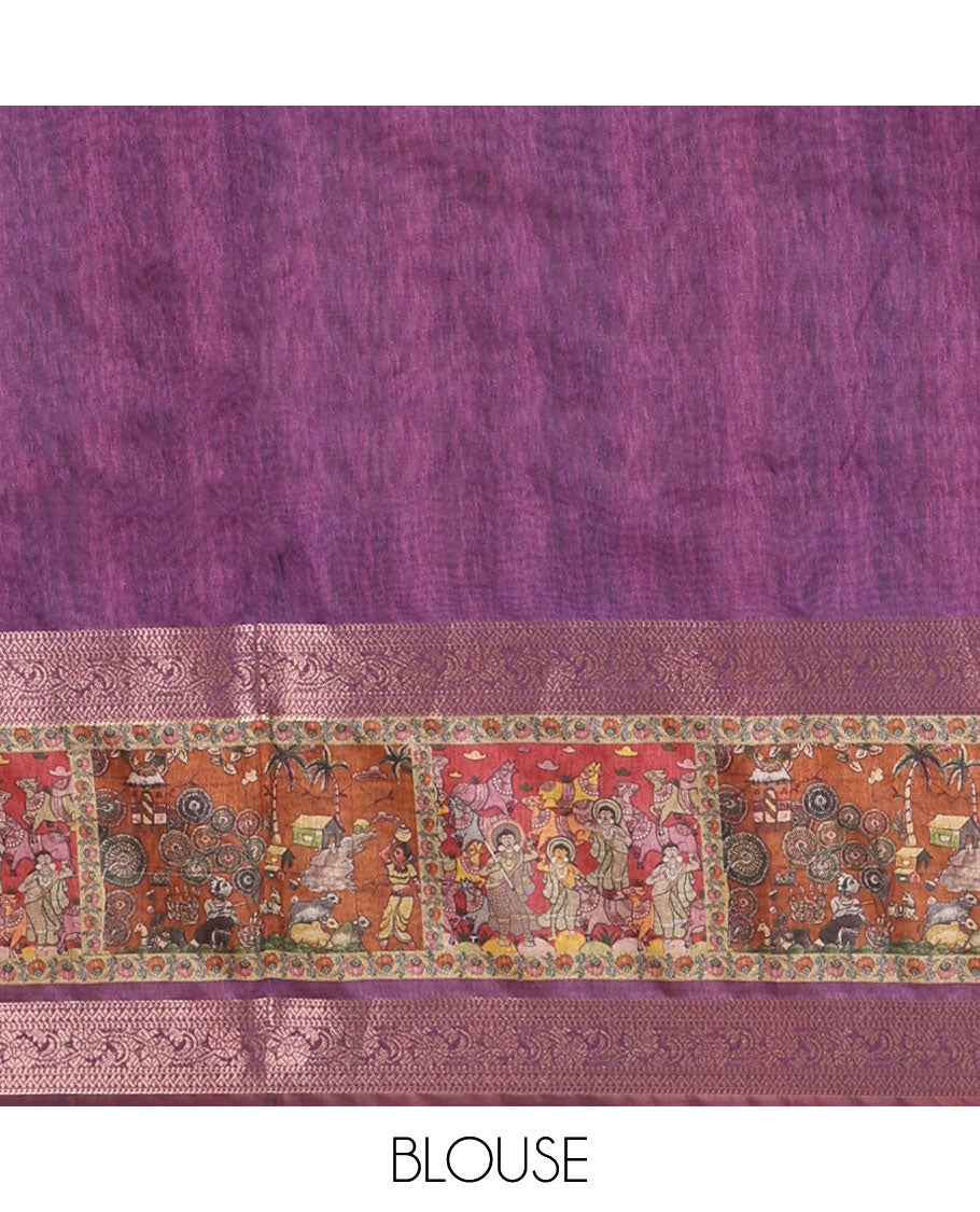 Orange ancient human printed semi-tussar saree, traditional rettai pettu border of ancient human motifs print, printed pallu & running blouse