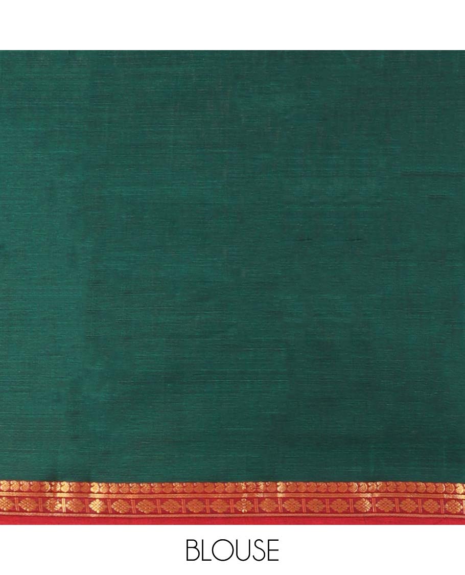 Green plain design Narayanapet cotton saree, contrast traditional design border & striped pallu