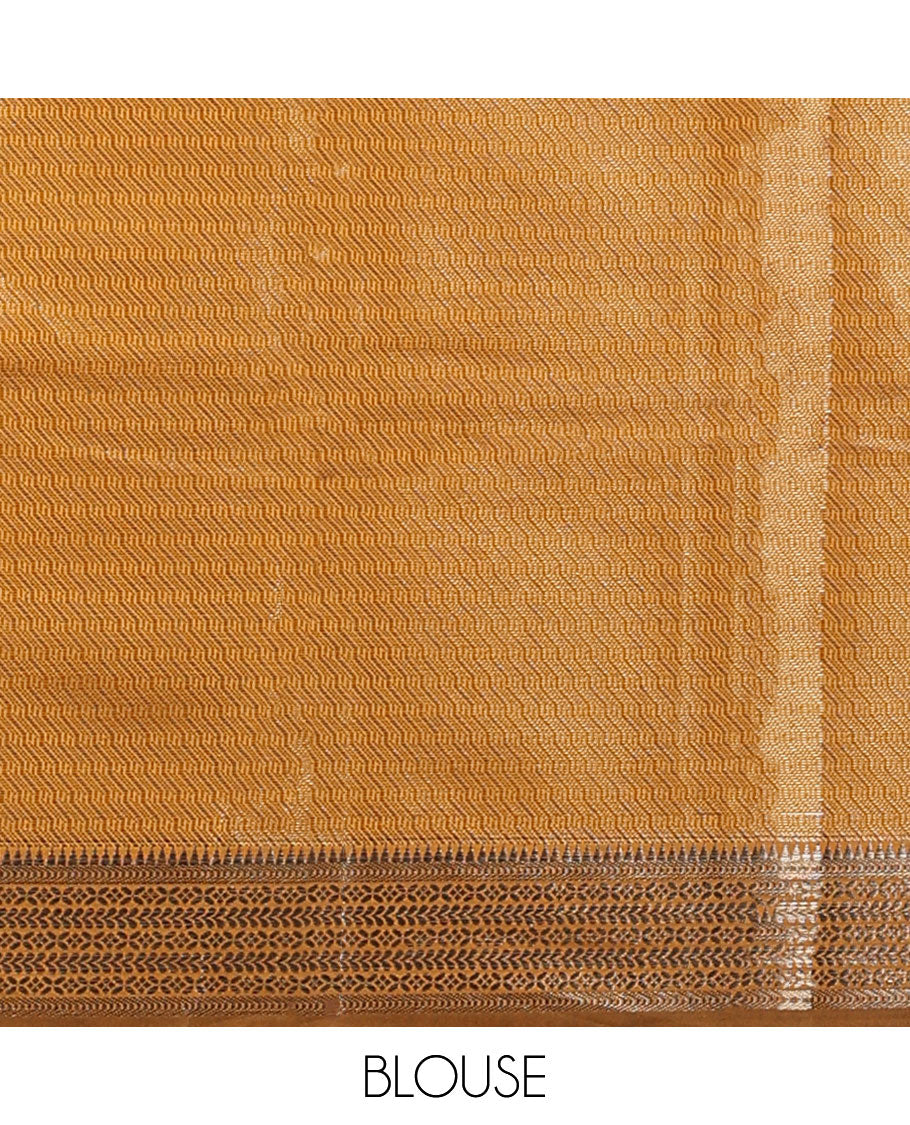 Mustard zig zag straight line leaf design elite silk saree, gold rose zari with veldari border , malli mokku design & rich pallu , rose gold brocade design blouse