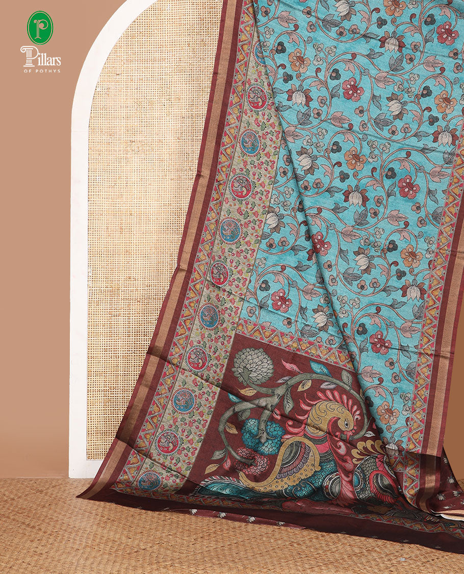Blue kalamkari flora printed kadhi linen saree,contrast zari piping & flora-fauna print border,kalamkari print pallu & printed blouse