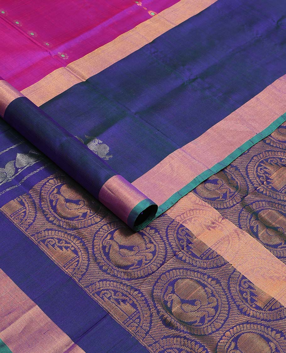 Purple floral design uppda saree with contrast floral, animal design border & intricate zari design pallu